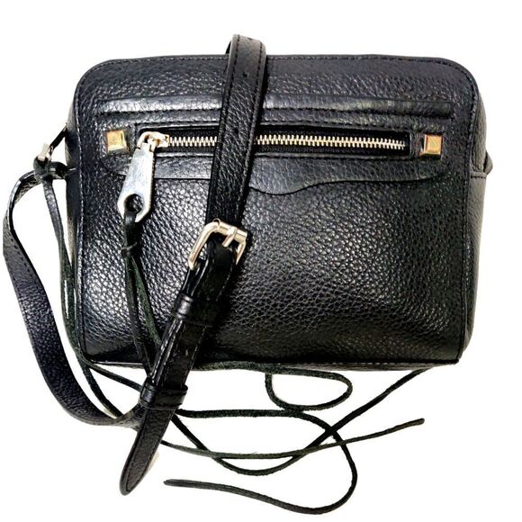REBECCA MINKOFF BLACK GENUINE LEATHER SHOULDER BAG HANDBAG ZIP TOP CAMERA BAG - Picture 1 of 9